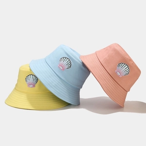 Cotton Canvas Bucket Hat Shell Embroidery Sun Protection Summer Outdoor Casual Fashionable Headwear For Women