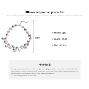 Detailed view of large silver bead necklace with ABS material and size specifications