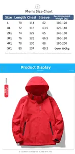 Detailed size chart for waterproof hooded jacket showing dimensions from size L to 5XL