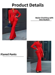 Detail of red slim fit blazer with single button waist and stylish flared leg trousers