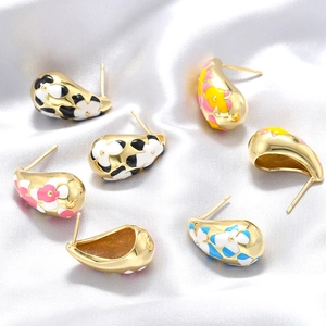 Elegant Waterdrop Enamel Stud Earrings Vintage Floral Pattern Copper Gold Plated Jewelry For Women