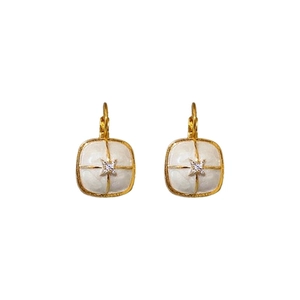 French vintage gold plated square earrings with white enamel and sparkling zircon accents
