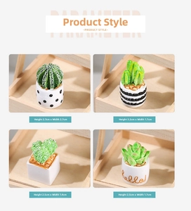 Detailed view of four mini artificial succulent potted plants with striped and dotted patterns