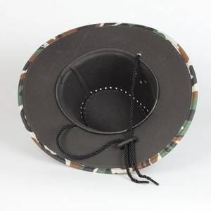 Western camouflage cowboy hat with adjustable chin strap for outdoor sun protection