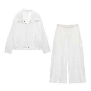 Bomber Jacket And Pleated Wide Leg Pants Solid Color Polyester Streetwear Minimalist Chic Women Outfit