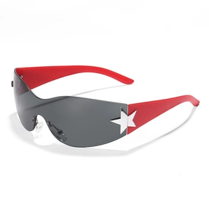Kids sporty red wraparound sunglasses with gray lenses and silver star accents