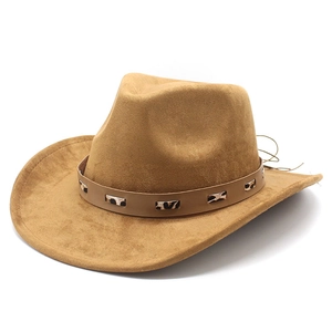 Detail of brown faux suede cowboy hat featuring a stylish leopard print decorative band