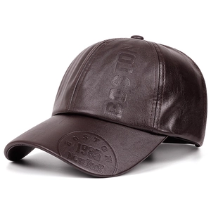 Dark brown faux leather baseball cap with Boston embossed lettering and vintage badges