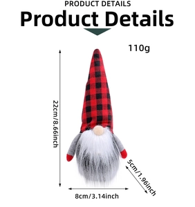 Detailed view of red and black plaid Christmas gnome with grey knit body and long white beard