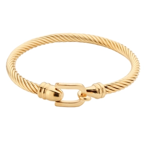Golden stainless steel cable twist bracelet featuring a minimalist horseshoe hook clasp