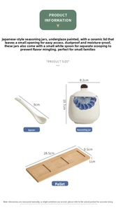 Detailed dimensions of Japanese underglaze ceramic spice jars with wooden tray and spoons