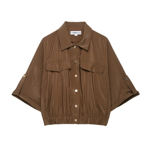 Chemisier Cargo Femme Polyester Brillant Revers Boutons Métalliques Poches À Rabat Ourlet Élastique Safari Utility Top