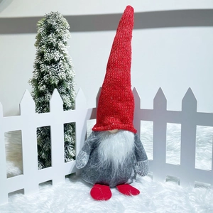 Christmas Gnome Ornament Rudolph Dwarf Handmade Red Knitted Sequin Hat Grey Felt Body White Faux Fur Beard Holiday Decor