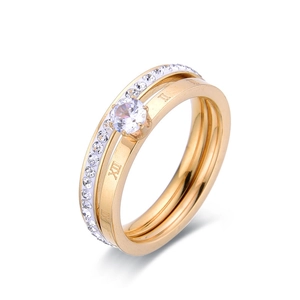 Stainless Steel Zircon Solitaire Ring Double Layer Roman Numerals Micro Pave Elegant Trendy Jewelry For Women