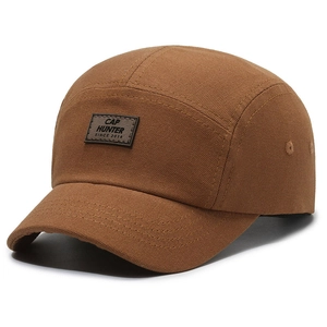 Cappellino camper 5 pannelli retrò in tela marrone scuro con toppa in cuoio laterale