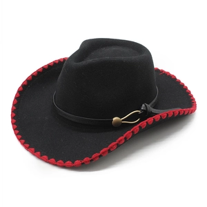Black wool felt western cowboy hat with red stitched edge and gold buckle accent
