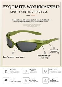 Macro detail of glossy olive green Y2K sunglasses frame and premium UV400 dark lenses