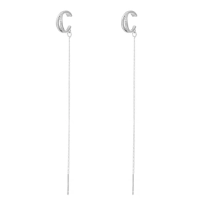 Macro shot of S925 silver stamp on long tassel chain earring with shimmering zircons