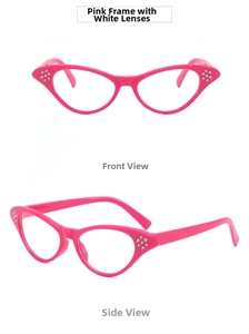 Detail view of rose red cat eye glasses frames with sparkling rhinestone accents