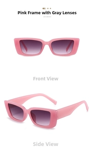 Detail view of pink square sunglasses with grey gradient lenses from front and side