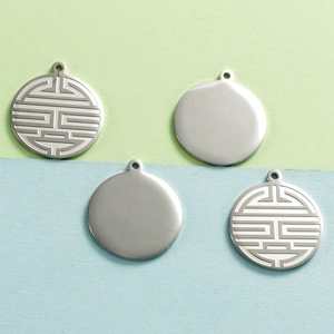 Stainless Steel Round Pendant Necklace Charm Chinese Double Happiness Longevity Character Mirror Polished Vintage Jewelry