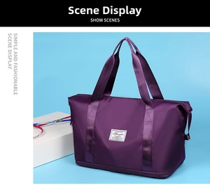 Detail view of purple waterproof nylon gym bag with reinforced handles and separate shoe compartment