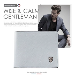 Detailed close-up of grey Saffiano bifold wallet with shield emblem for elegant men