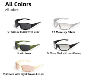 Detailed grid showing five color variants of futuristic Y2K wrap-around sports sunglasses