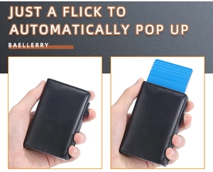 Macro detail of men's leather RFID card holder featuring one-click automatic card pop-up