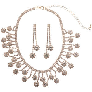 Sparkling zircon flower pendant necklace and earrings set with tassel fringe in gold