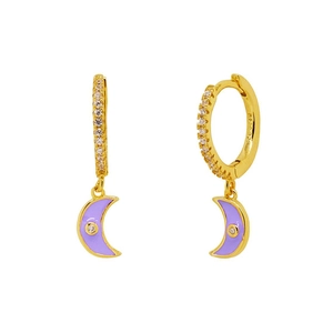 Macro detail of S925 sterling silver moon earrings with purple enamel and zircon