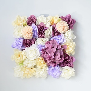 Close-up of artificial floral wall panel featuring purple, beige and champagne roses