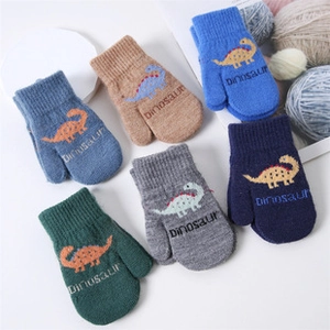 Winter knitted mittens for kids featuring cute dinosaur patterns in six vibrant colors