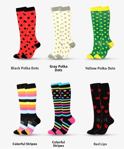 Detailed grid of six compression socks featuring polka dots, stripes and lip patterns