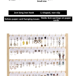 Detailed macro view of 4-tier wooden earring display rack with 2cm iron hooks and cards