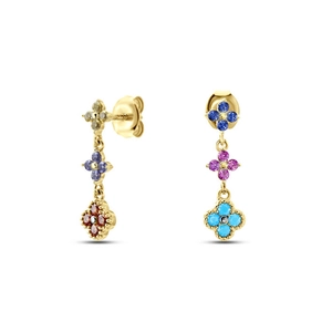 Detailed close-up of triple flower drop earrings with vibrant multi-colored gemstones