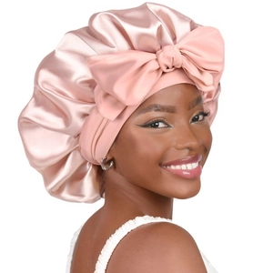 Women Satin Sleep Bonnet Double Layer Hair Care Nightcap With Bow Ribbon Elastic Wide Band Adjustable Sleeping Hat For Women