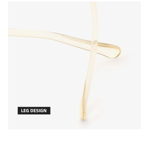 Detail of light champagne irregular candy-colored eyewear temples with LEG DESIGN text