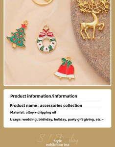 Detailed view of Christmas themed enamel charms including tree, wreath and bell styles
