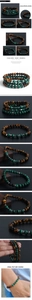 Detail of stacked tiger eye and malachite beaded bracelets with stainless steel spacers