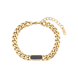 Detailed close-up of 18K gold plated Cuban chain bracelet with black rectangle accent