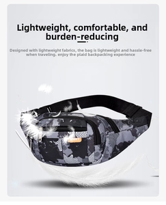 Detailed view of lightweight camouflage tactical waist bag with sporty orange label