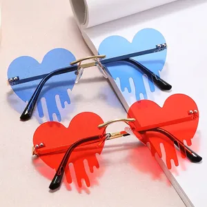 Heart Shaped Melting Sunglasses Rimless Metal Frame Dripping Effect UV400 Protection Trendy Music Festival Eyewear For Women