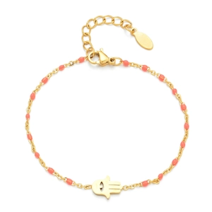 Macro shot of gold Hamsa Hand charm with orange beads and adjustable chain extension