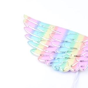 Detailed close-up of iridescent rainbow angel wings with feather stitching and elastic straps