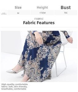 Size chart and fabric details of the vintage stand collar long sleeve printed dress
