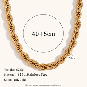 18K gold plated 316L stainless steel rope chain necklace with 7.8mm thick twisted link