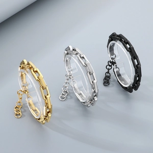 Industrial chain bracelets in gold, silver, and black metal with adjustable links