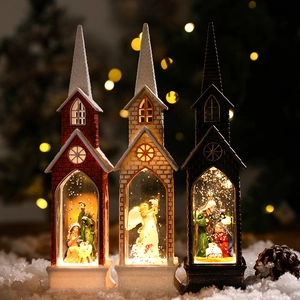 Christmas Church Snow Globe Lantern LED Lighted Nativity Angel Scene Plastic Resin Glitter Water Holiday Desktop Ornament