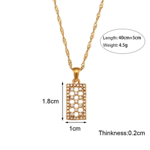Gold stainless steel necklace with rectangular hollow maze pendant and clear measurements